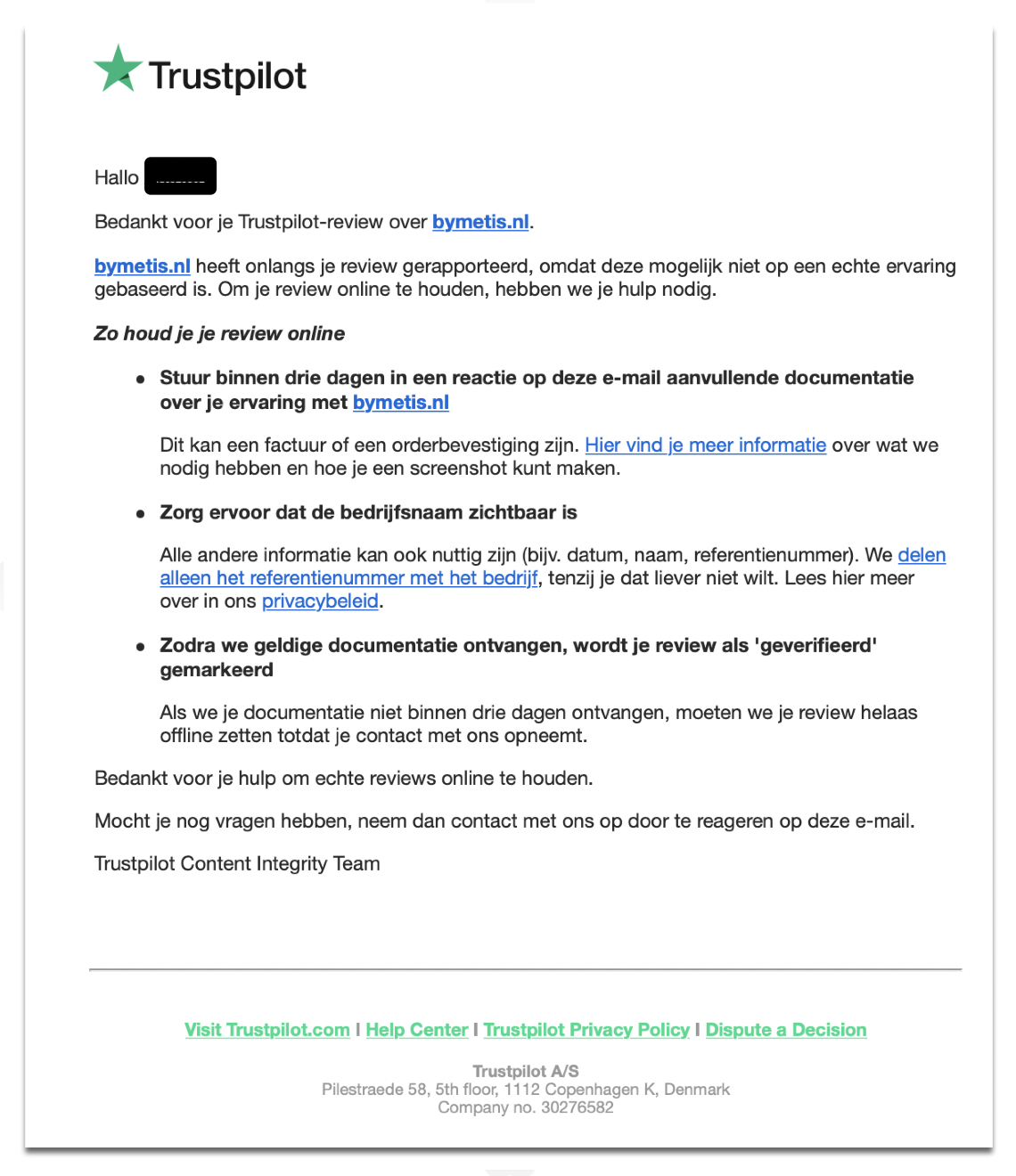 E-mail template van Trustpilot waarin bymetis.nl claimt dat een review niet gebaseerd zou zijn op een echte ervaring.