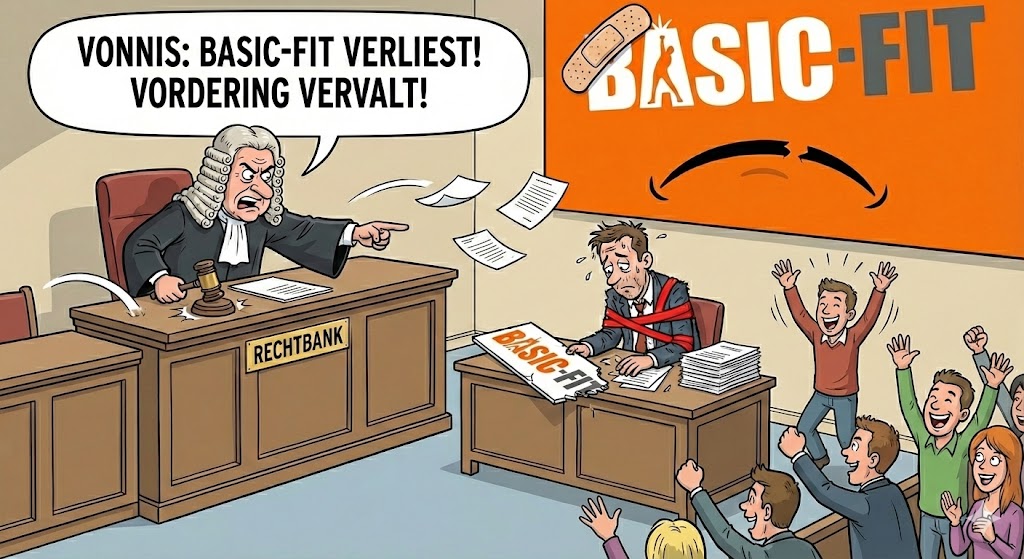 Cartoon van een rechtszaak waarbij Basic-Fit verliest. Een boze rechter wijst naar een vastgebonden medewerker van Basic-Fit terwijl het publiek juicht. De tekst luidt: 'VONNIS: BASIC-FIT VERLIEST! VORDERING VERVALT!