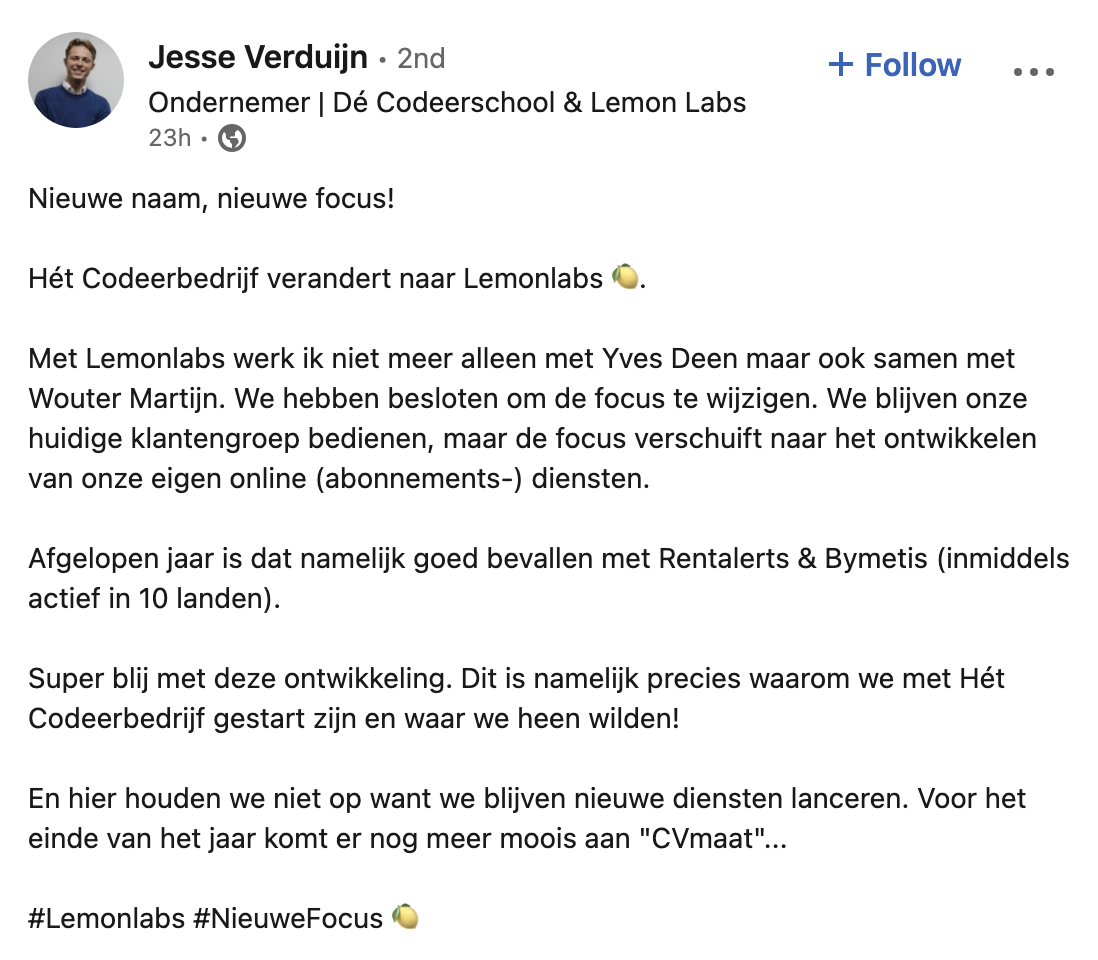 LinkedIn post van Jesse Verduijn met aankondiging dat Het Codeerbedrijf verandert naar Lemonlabs.