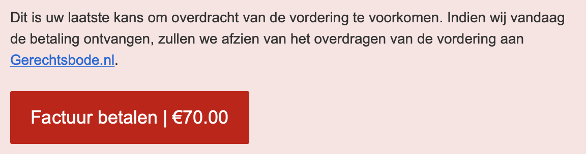 Waarschuwingstekst van bymetis.nl dat er snel betaald moet worden, anders wordt de vordering uit handen gegeven.